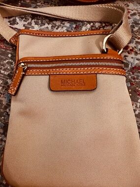 Michael Kors Beige Crossbody with Tan Leather Trim and Gold Hardware